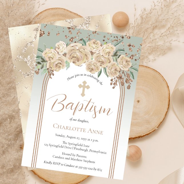 Invitation Élégant Champagne | Sage Baptême Floral (Elegant Champagne Roses and Sage Floral Baptism Invitation)