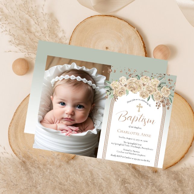 Invitation Élégant Champagne | Sage Floral Photo Baptême (Elegant Champagne Roses and Sage Floral Photo Baptism Invitation)