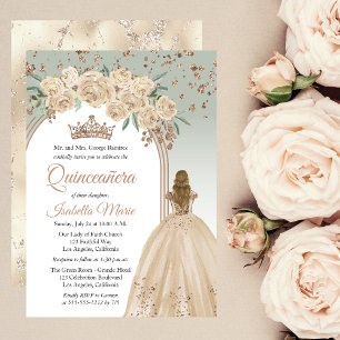 Invitation Élégant Champagne   Sage Floral Quinceañera Party