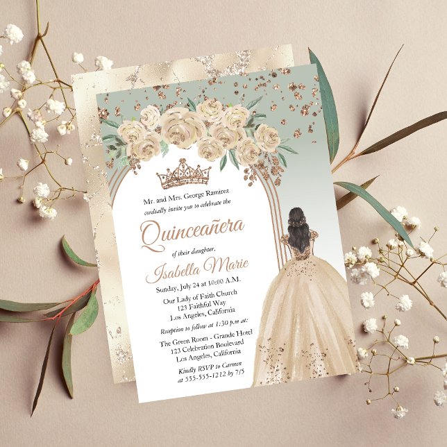 Invitation Élégant Champagne | Sage Floral Quinceañera Party (Elegant Champagne Color and Sage Green with Faux Rose Gold Glitter Brunette Quinceañera Invitation)