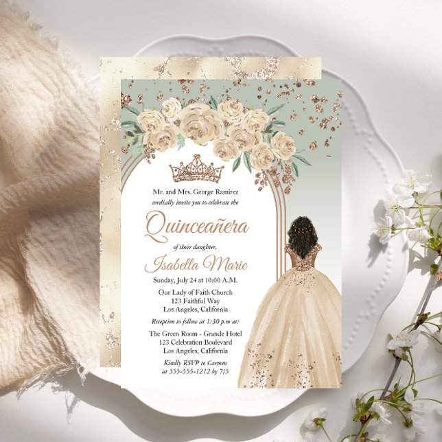 Invitation Élégant Champagne | Sage Floral Quinceañera Party (Elegant Champagne Color and Sage Green with Faux Rose Gold Glitter Brunette Quinceañera Invitation)