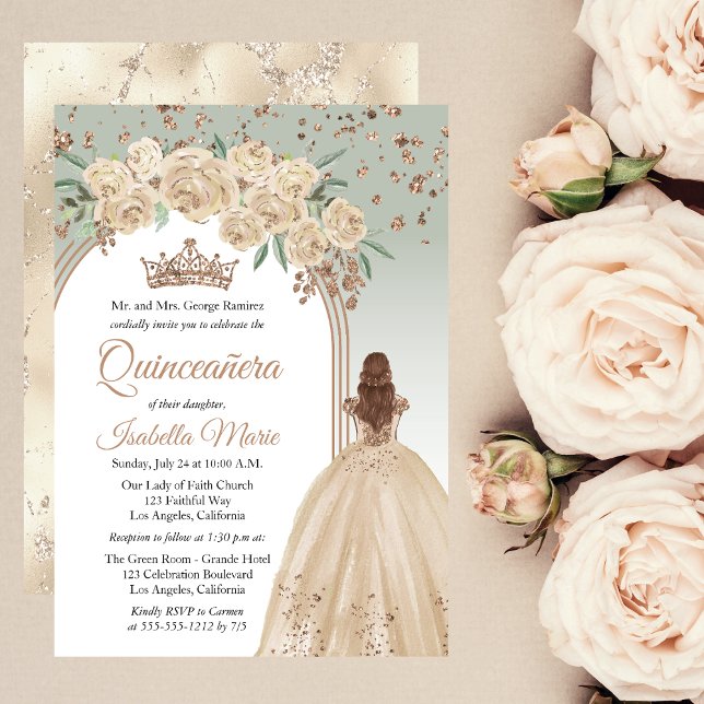 Invitation Élégant Champagne | Sage Floral Quinceañera Party (Elegant Champagne Color and Sage Green with Faux Rose Gold Glitter Auburn Quinceañera Invitation)
