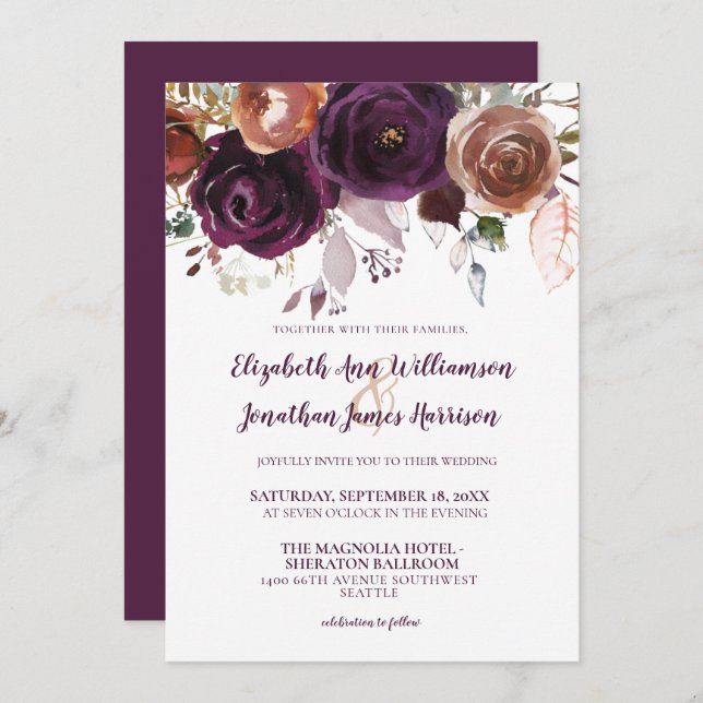 Invitation Élégant Champagne violet automne Mariage floral (Devant / Derrière)