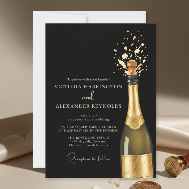 Invitation Elegant Champagne Wedding (An elegant black and gold wedding invitation design featuring a popping champagne bottle)