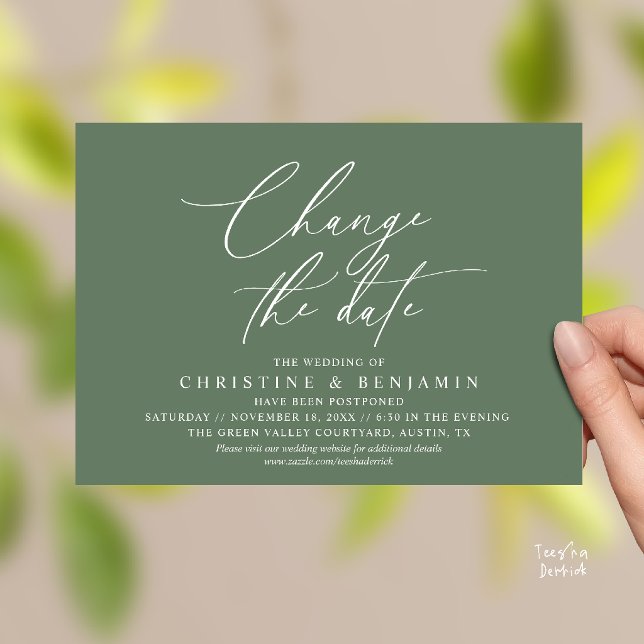 Invitation Élégant Changement de Date Report de Mariage  (Elegant Script Change the Date Wedding Postponement Invitation Card in Sage Green)