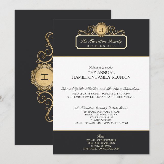 Invitation Elégant Charcoal Gold Monogramme Famille Réunion (Devant / Derrière)