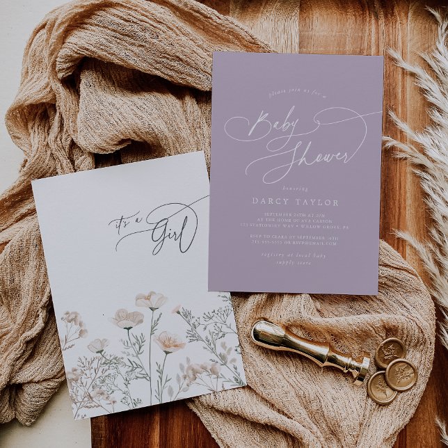 Invitation Élégant charme violet Baby shower Fleur sauvage (Elegant Charm Purple Wildflower Baby Shower Invitation)