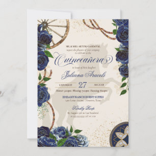 Invitation Elégant Charro Blue Rose Western Ranch Quinceanera