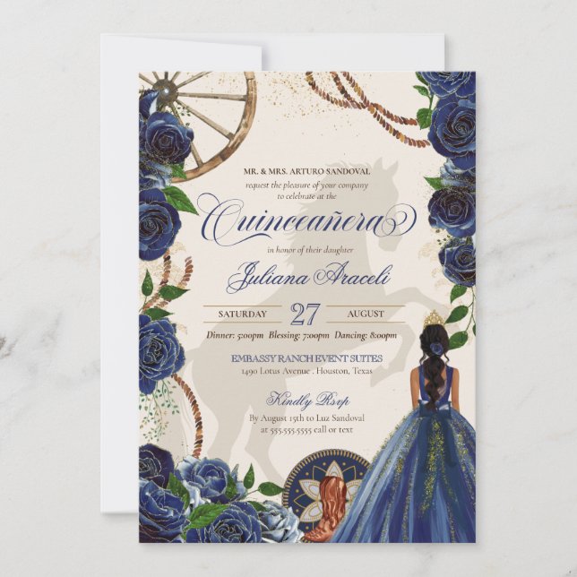 Invitation Elégant Charro Blue Rose Western Ranch Quinceanera (Devant)