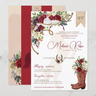 Invitation Élégant Charro Quinceanera d'hiver floral bordeaux