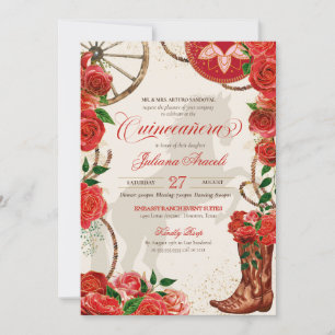 Invitation Élégant Charro Red Roses Western Boots Quinceanera