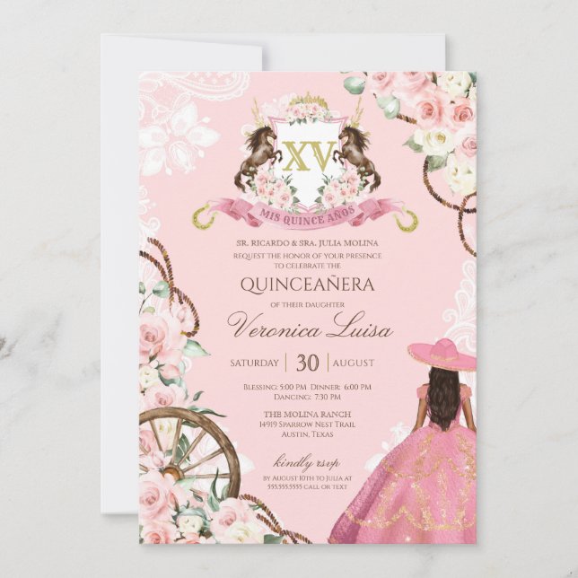 Invitation Élégant Charro rose Quinceanera Floral  (Devant)