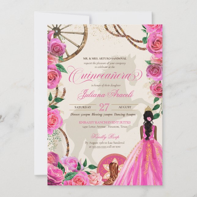 Invitation Elégant Charro Rose Rose Ranch Occidental Quincean (Devant)