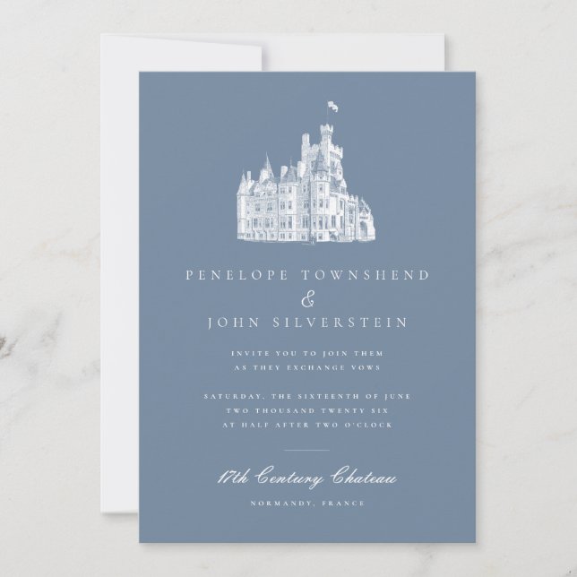 Invitation Elégant Château Illustration Mariage bleu français (Devant)