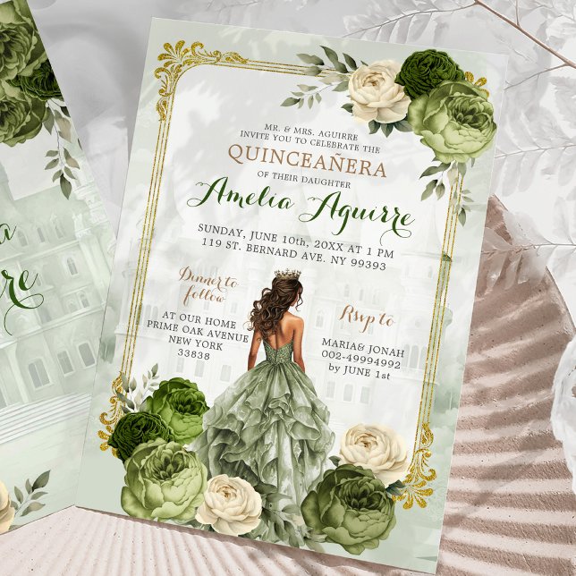 Invitation Elégant Château Royal Gold Sage Green Quinceañera (Créateur téléchargé)