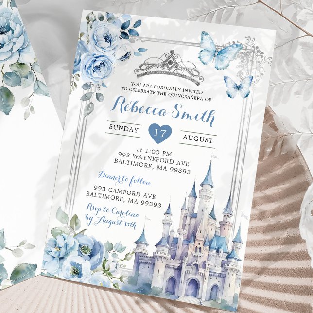 Invitation Elégant Château Royal Silver Dusty Blue Quinceañer (Créateur téléchargé)