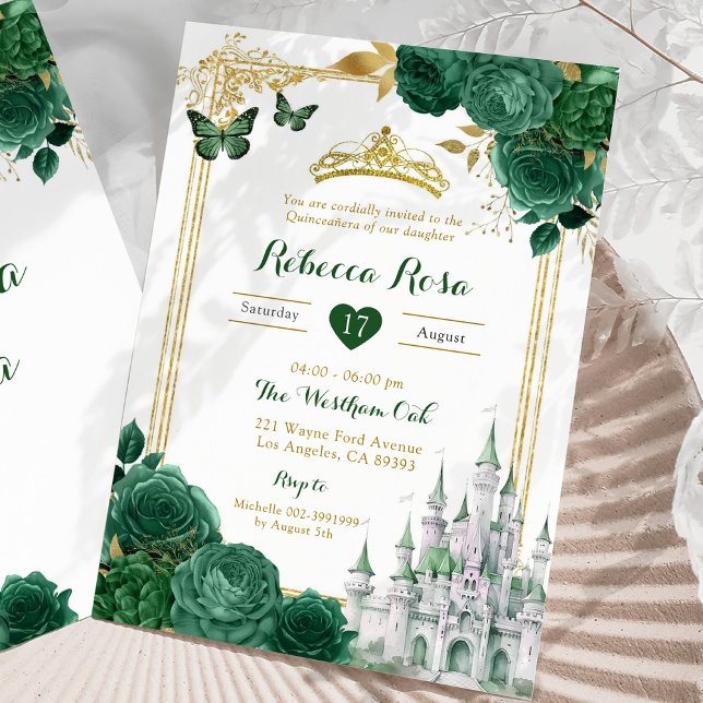 Invitation Elégant Château Royal Vert Floral Quinceañera (Créateur téléchargé)
