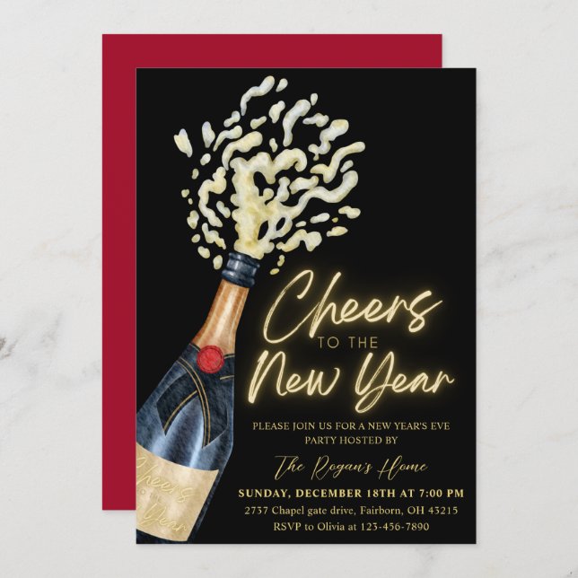 Invitation Elegant Cheers The To New Year  Holiday Party (Devant / Derrière)