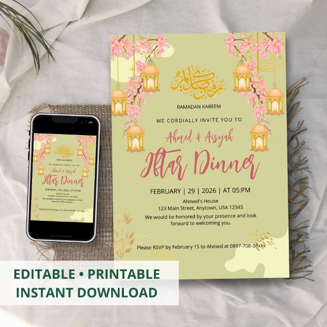 Invitation Elegant Cherry Blossom & Lanterns Iftar Dinner (Créateur téléchargé)