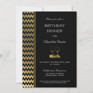 Invitation Elégant Chevron Black Gold rayé Anniversaire Dîner