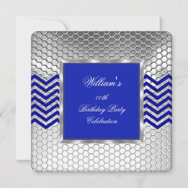 Invitation Elégant Chevron Blue Silver Birthday Party Mens 2 (Devant)