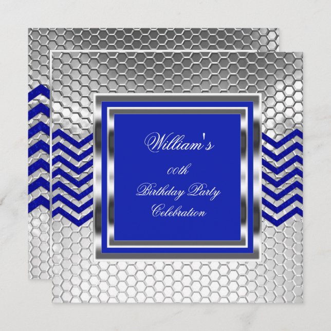 Invitation Elégant Chevron Blue Silver Hommes de fête d'anniv (Devant / Derrière)