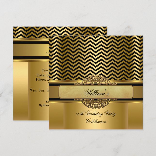 Invitation Elégant Chevron Gold Black Stripe Anniversaire (Devant / Derrière)