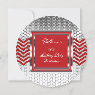 Invitation Elégant Chevron Red Silver Birthday Party Mens