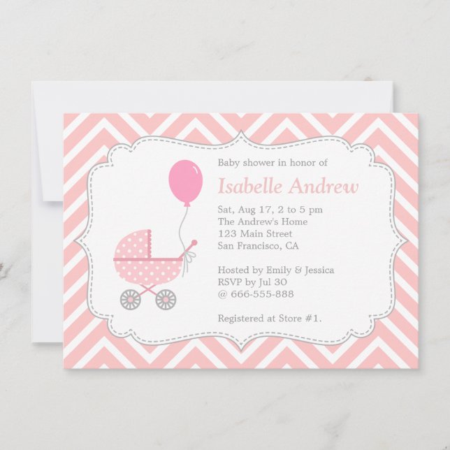 Invitation Élégant, Chevron, Rose, Baby Shower Fille (Devant)
