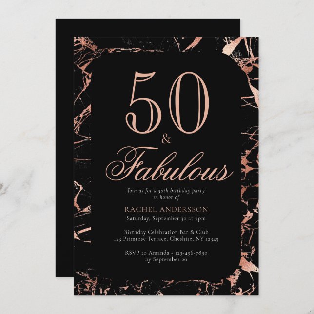 Invitation Élégant Chic 50e anniversaire Rose Gold Black Part (Devant / Derrière)