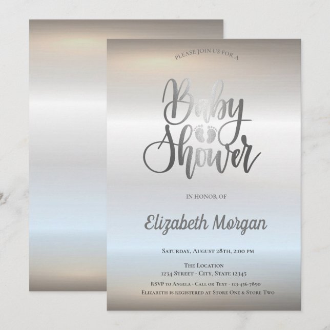 Invitation Élégant Chic Baby Shower Argent (Devant / Derrière)