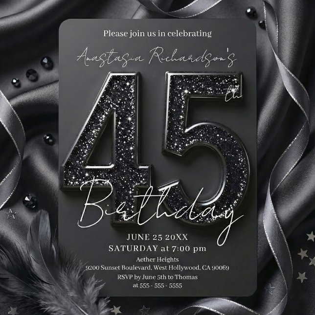 Invitation Elegant Chic Black Glitter 45th Birthday Party (Créateur téléchargé)
