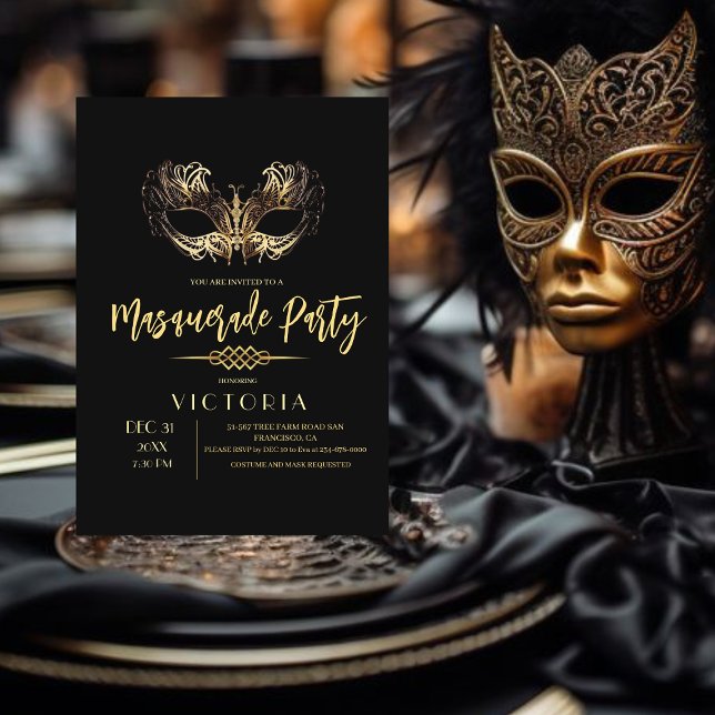 Invitation Elégant Chic Black Gold Masquerade fête d'annivers (Créateur téléchargé)