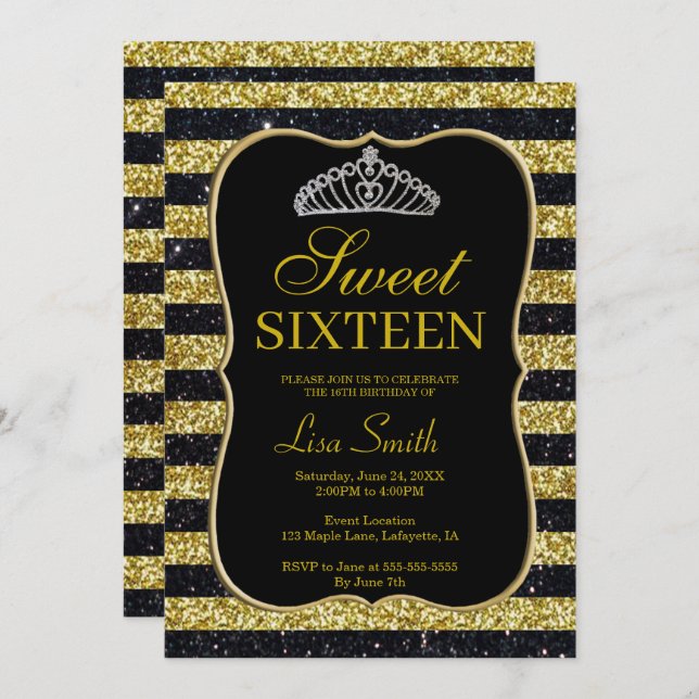 Invitation Elégant Chic Black Gold Parties scintillant Tiara  (Devant / Derrière)