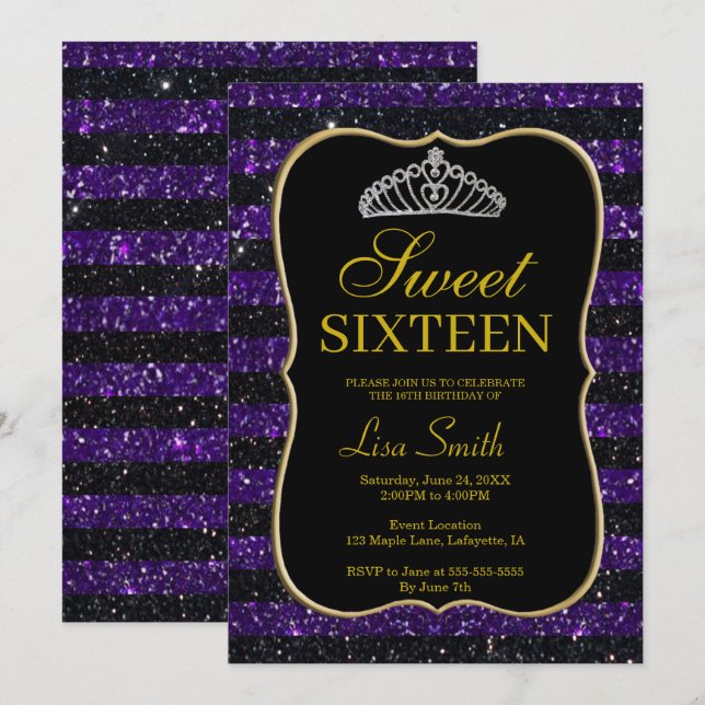 Invitation Élégant Chic Black Purple Parties scintillant Tiar (Devant / Derrière)