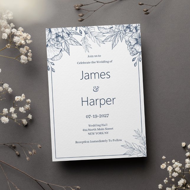 Invitation Elégant chic blanc gris bleu Mariage (Elegant chic white gray blue floral Wedding)