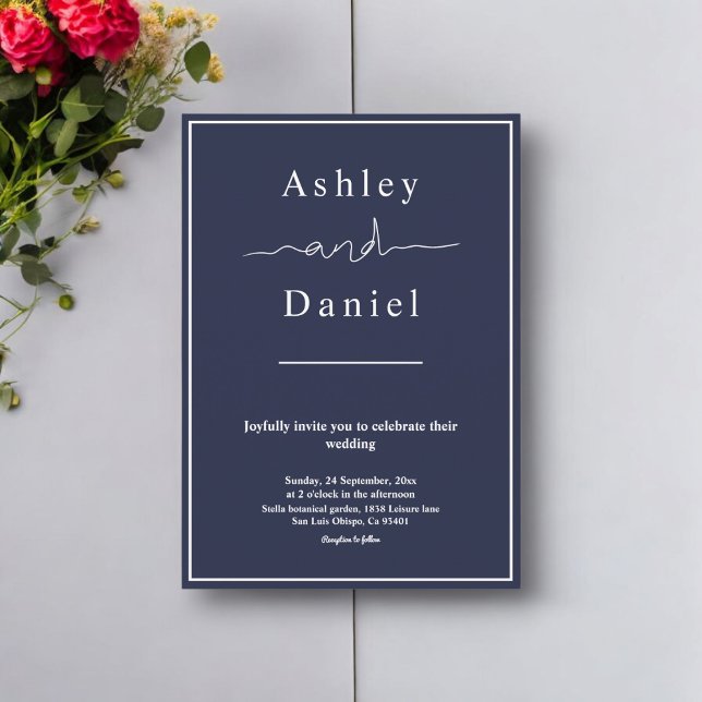 Invitation Élégant Chic Bleu Nuit Blanc Mariage Simple Modern (Créateur téléchargé)