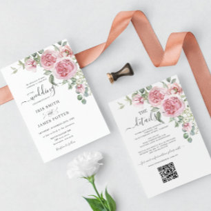 Invitation Elegant Chic Blush Rose Floral Détails Mariage QR