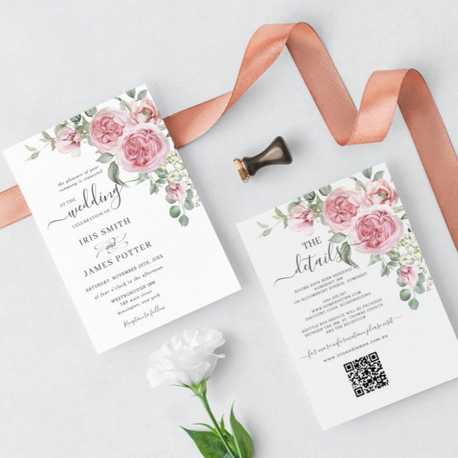 Invitation Elegant Chic Blush Rose Floral Détails Mariage QR (Créateur téléchargé)