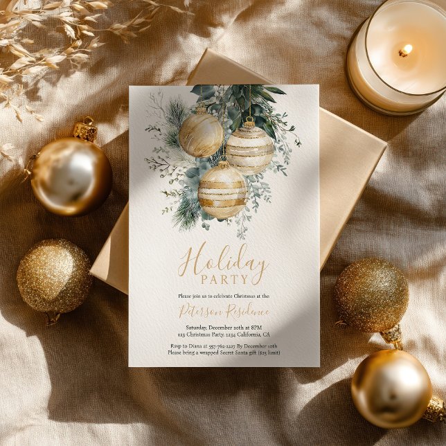 Invitation Élégant Chic Boules Dorées Noël Fête (Elegant Chic Gold Baubles Greenery Christmas Party Invitation)