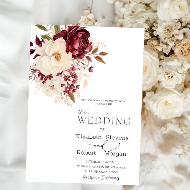 Invitation Élégant Chic Bourgogne Fleurs Blanches Mariage (Créateur téléchargé)