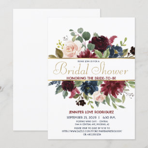 Invitation Elégant chic Bourgogne Marine Floral fleurit avec