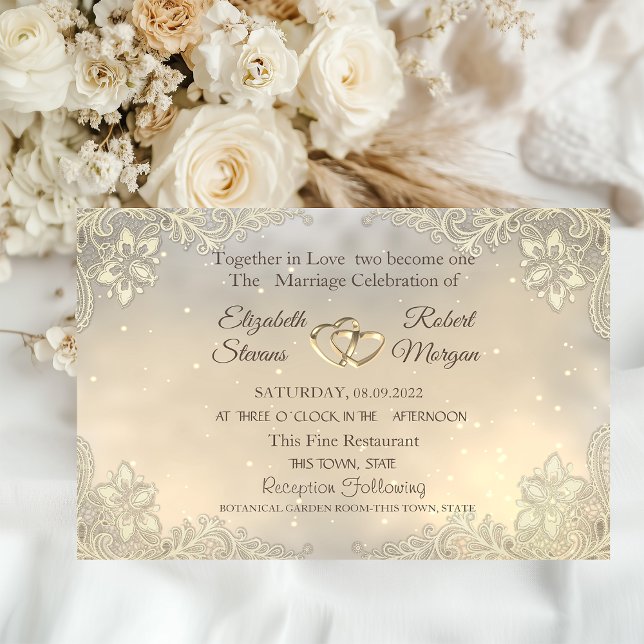 Invitation Élégant Chic Cœurs de Mariage en Dentelle d'Or  (Créateur téléchargé)