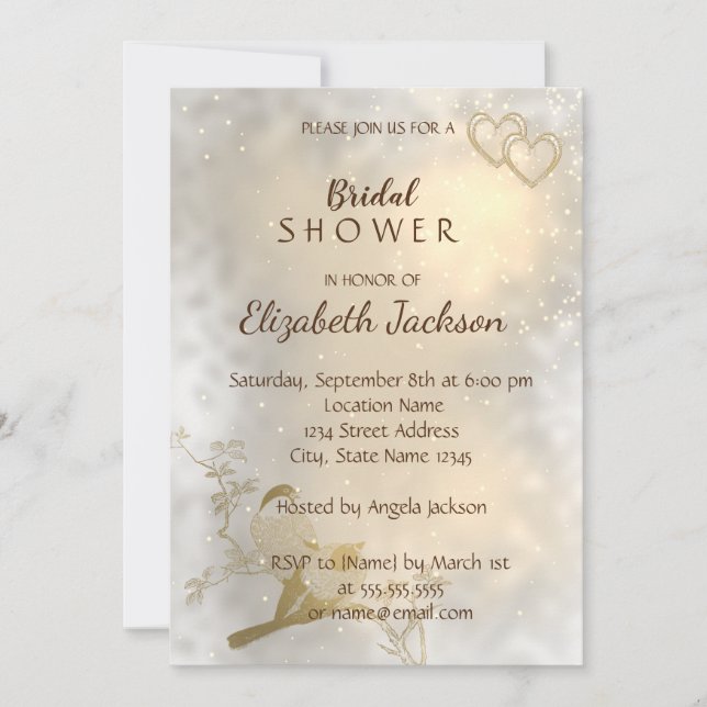 Invitation Élégant Chic Cœurs Dorés, Fête de Mariage Oiseaux (Devant)