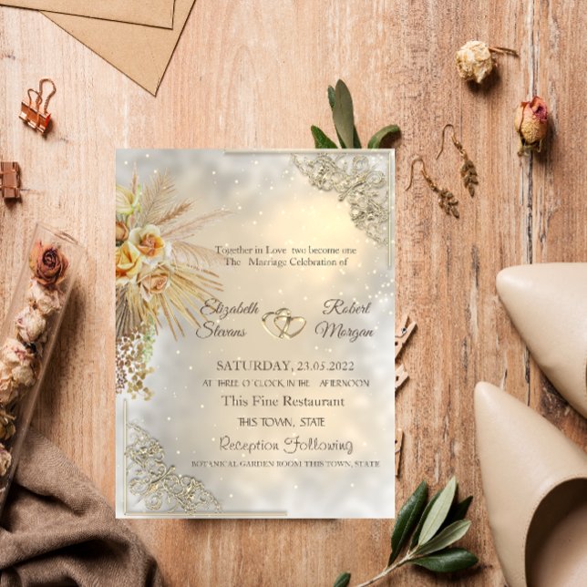 Invitation Élégant Chic Cœurs Dorés Mariage Bohème Fleurs (Créateur téléchargé)