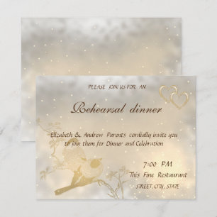 Invitation Élégant Chic Cœurs en Or, Oiseaux Dîner de Répéti