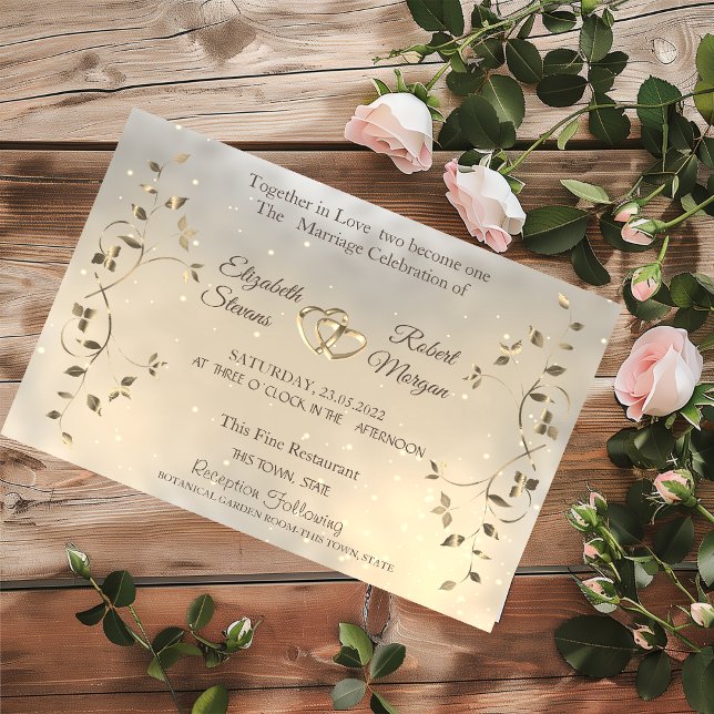 Invitation Élégant Chic Cœurs Feuilles Mariage Or (Créateur téléchargé)
