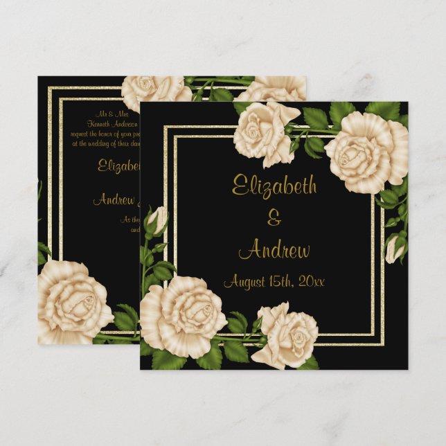 Invitation Élégant Chic Coin Ivory Roses Bouquets Mariage (Devant / Derrière)