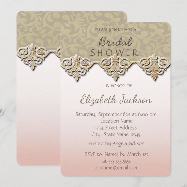 Invitation Élégant Chic Damassé  Baby Shower de Mariée (Devant / Derrière)