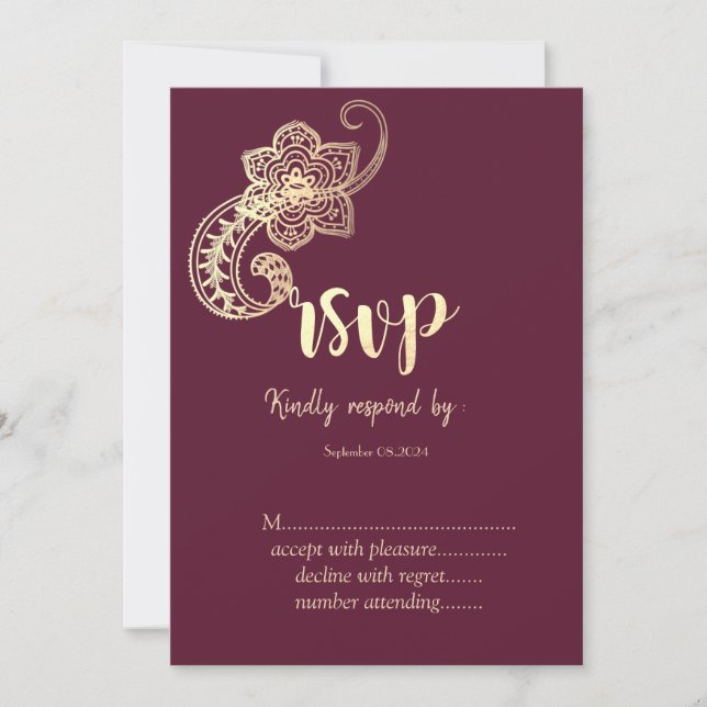 Invitation Élégant Chic Doré Paisley RSVP    (Devant)